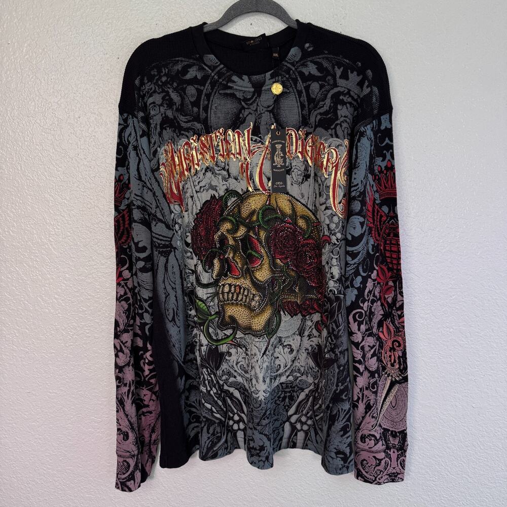 Christian Audigier Shirt Mens XXL Thermal Skull Rose Rhinestone Y2K Tattoo 2XL